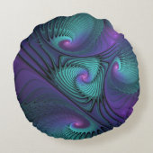パープルとターコイズモダン抽象芸術のフラクタル・アート ラウンドクッション (裏面)