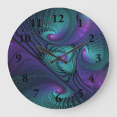 パープルとターコイズモダン抽象芸術のフラクタル・アート ラージ壁時計 (正面)