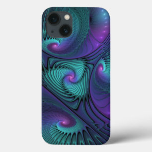パープルとターコイズモダン抽象芸術のフラクタル・アート iPhone 13ケース