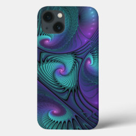 パープルとターコイズモダン抽象芸術のフラクタル・アート iPhone 13ケース