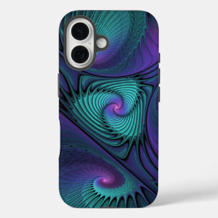 パープルとターコイズモダン抽象芸術のフラクタル・アート iPhone 16ケース