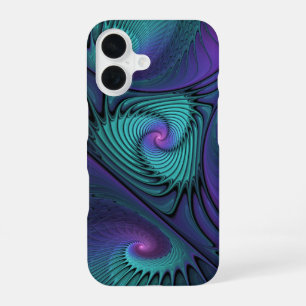 パープルとターコイズモダン抽象芸術のフラクタル・アート iPhone 16ケース