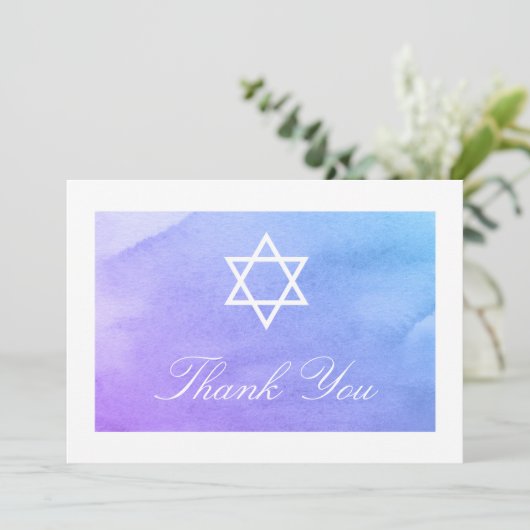 パープルとティール(緑がかった色)ウォーターカラーバルミツワーフラット サンキューカード (スタンド正面)