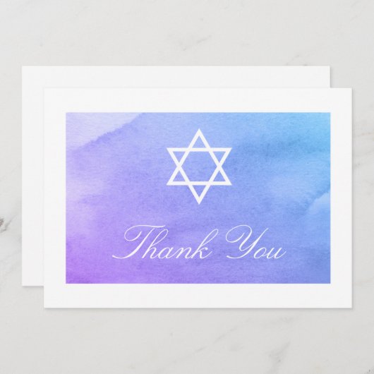 パープルとティール(緑がかった色)ウォーターカラーバルミツワーフラット サンキューカード (正面/裏面)