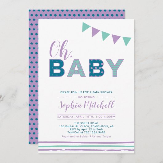 パープルとティール(緑がかった色) |タイポグラフィモダンガールベイビーシャワー 招待状 (正面/裏面)