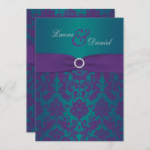 パープルとティール（緑がかった色）ダマスクウェディング招待状 招待状 (正面/裏面)