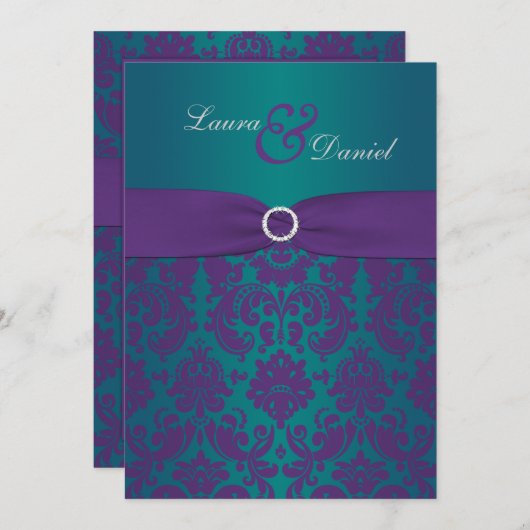 パープルとティール（緑がかった色）ダマスクウェディング招待状 招待状 (正面/裏面)