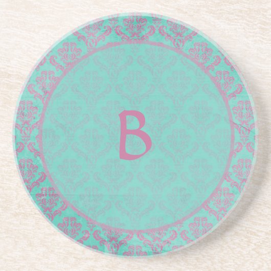 パープルとティール（緑がかった色）ダマスクパーソナライズされたドリンクコースター コースター (正面)
