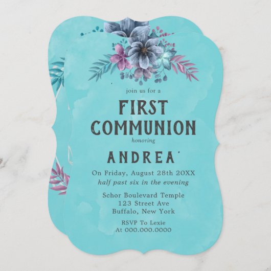 パープルとティール（緑がかった色）フローラファースト通信招待状 招待状 (正面/裏面)