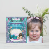 パープルとティール(緑がかった色)ブルネットマーメイドバースデーパーティー 招待状 (スタンド正面)