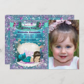 パープルとティール(緑がかった色)ブルネットマーメイドバースデーパーティー 招待状 (正面/裏面)