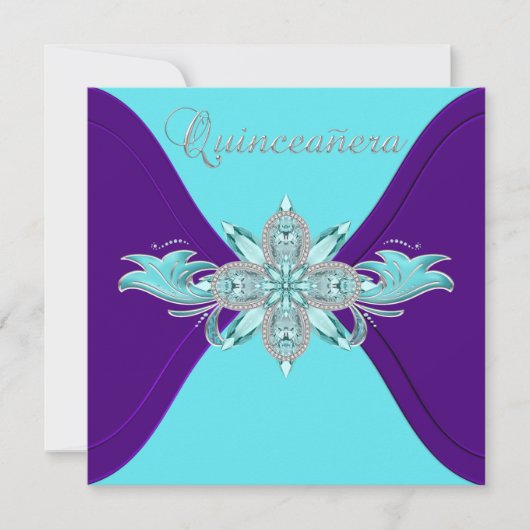 パープルとティール（緑がかった色）ブルーキンセアニェラ 招待状 (正面)