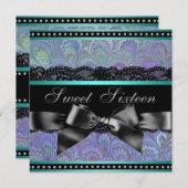 パープルとティール(緑がかった色)ブルースウィート16バースデーパーティー 招待状 (正面/裏面)