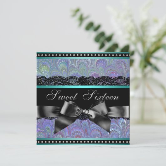 パープルとティール（緑がかった色）ブルースウィート16バースデーパーティー 招待状 (スタンド正面)