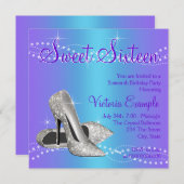 パープルとティール（緑がかった色）ブルースウィート16パーティー 招待状 (正面/裏面)