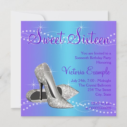 パープルとティール（緑がかった色）ブルースウィート16パーティー 招待状 (正面)