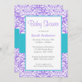 パープルとティール(緑がかった色)ブルーダマスクベビーシャワー 招待状 (正面/裏面)