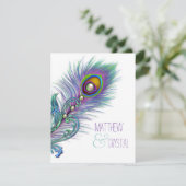 パープルとティール(緑がかった色)ブルーピーコック結婚式招待状 招待状 (スタンド正面)