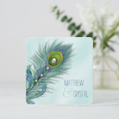 パープルとティール（緑がかった色）ブルーピーコッ結婚クス 招待状 (スタンド正面)
