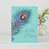 パープルとティール(緑がかった色)ブルーピーコッ結婚クス 招待状 (スタンド正面)