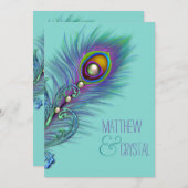 パープルとティール(緑がかった色)ブルーピーコッ結婚クス 招待状 (正面/裏面)