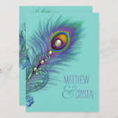 パープルとティール（緑がかった色）ブルーピーコッ結婚クス 招待状 (正面/裏面)