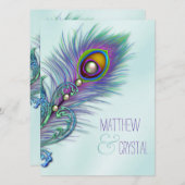 パープルとティール（緑がかった色）ブルーピーコッ結婚クス 招待状 (正面/裏面)