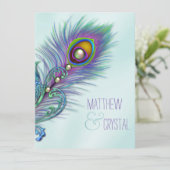 パープルとティール（緑がかった色）ブルーピーコッ結婚クス 招待状 (スタンド正面)