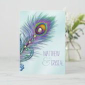 パープルとティール（緑がかった色）ブルーピーコッ結婚クス 招待状 (スタンド正面)