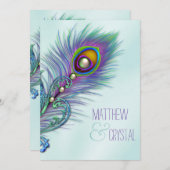 パープルとティール（緑がかった色）ブルーピーコッ結婚クス 招待状 (正面/裏面)