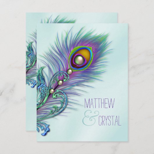 パープルとティール（緑がかった色）ブルーピーコッ結婚クス 招待状 (正面/裏面)