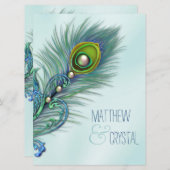 パープルとティール(緑がかった色)ブルーピーコッ結婚クス 招待状 (正面/裏面)