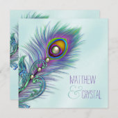 パープルとティール(緑がかった色)ブルーピーコッ結婚クス 招待状 (正面/裏面)
