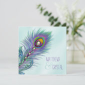 パープルとティール(緑がかった色)ブルーピーコッ結婚クス 招待状 (スタンド正面)
