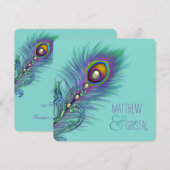 パープルとティール(緑がかった色)ブルーピーコッ結婚クス 招待状 (正面/裏面)