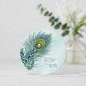 パープルとティール(緑がかった色)ブルーピーコッ結婚クス 招待状 (スタンド正面)