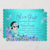 パープルとティール（緑がかった色）ブルーフローラベビーシャワー 招待状 (正面/裏面)