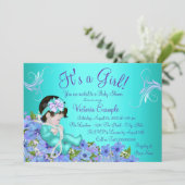 パープルとティール（緑がかった色）ブルーフローラベビーシャワー 招待状 (スタンド正面)