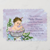 パープルとティール(緑がかった色)ブルーベビーバスベビーシャワー 招待状 (正面/裏面)