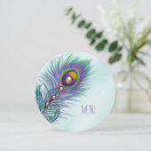 パープルとティール（緑がかった色）ブルー結婚ピーコックのメニュー 招待状 (スタンド正面)