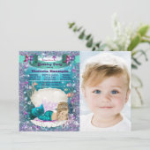 パープルとティール（緑がかった色）ブロンドMermaid誕生日パーティー 招待状 (スタンド正面)