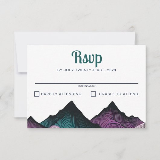 パープルとティール（緑がかった色）マウン結婚テン 出欠カード (正面)