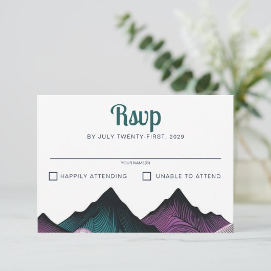 パープルとティール（緑がかった色）マウン結婚テン 出欠カード (スタンド正面)