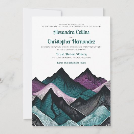 パープルとティール（緑がかった色）マウン結婚テン 招待状 (正面)