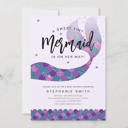 パープルとティール（緑がかった色）マーメイドベビーシャワー 招待状 (正面)