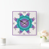 パープルとティール（緑がかった色）ローンスターキルトデザイン スクエア壁時計 (ホーム)