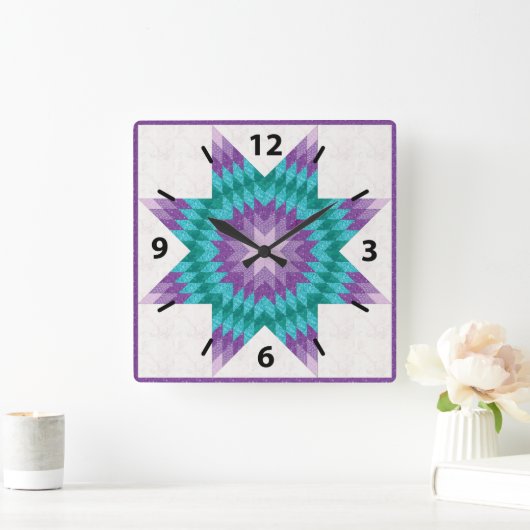 パープルとティール(緑がかった色)ローンスターキルトデザイン スクエア壁時計 (ホーム)