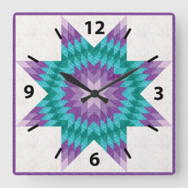 パープルとティール（緑がかった色）ローンスターキルトデザイン スクエア壁時計