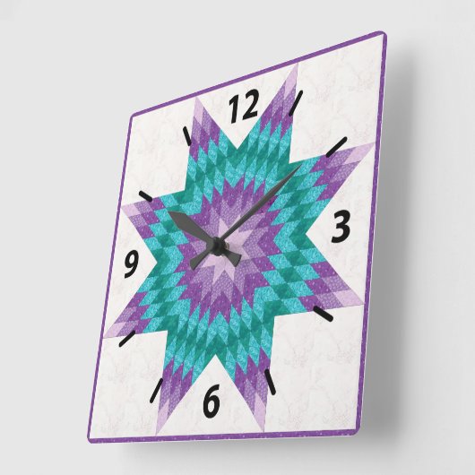 パープルとティール(緑がかった色)ローンスターキルトデザイン スクエア壁時計 (傾斜)