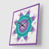 パープルとティール（緑がかった色）ローンスターキルトデザイン スクエア壁時計 (傾斜)